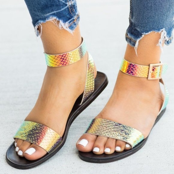 Dainty NYC Shoes - Metallic Sandals Iridescent Snake Skin Pattern Sandals
